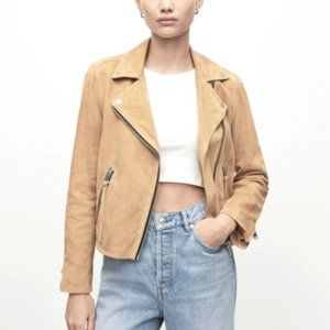 Allsaints Dalby Suede Biker Jacket Honey Brown US Sz 2